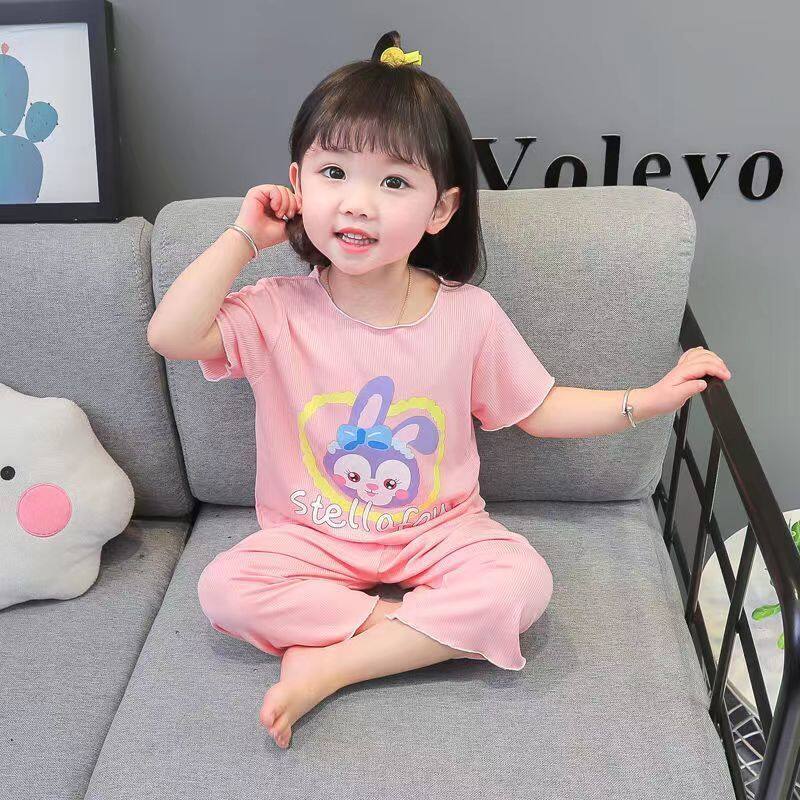 YA ZHOU LONG Children's thin ice silk rabbit pajamas Children's short-sleeved pullover baby air conditioner home clothes for big children