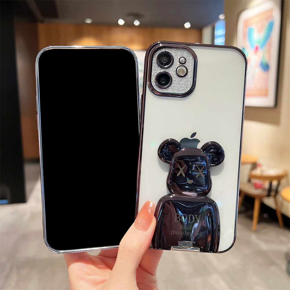 Cute Cartoon Bear Electroplating Bracket Phone Case for IPhone 11 12 13 Pro Max 7 8 Plus SE 2 Case Xr Xs Max Luxury Transparent Electroplated Frame Phone Case