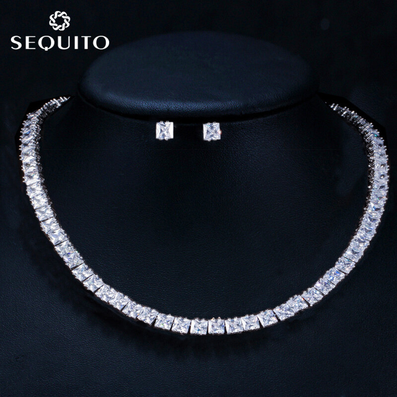 SEQUITO Brilliant Princess Cut AAA+ Cubic Zirconia Diamond Square Bridal Necklace Earrings for Engagement Wedding Women Luxury Classic Jewelry Set SJ-121