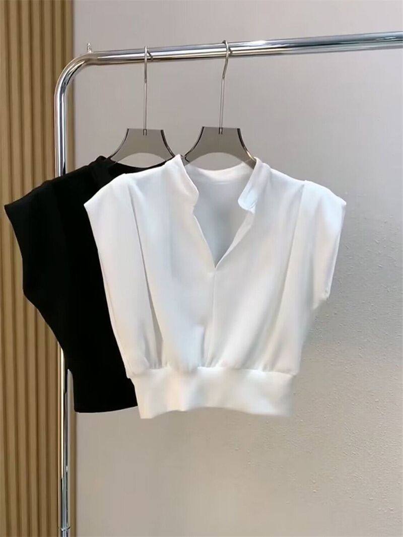 Áo Thun Nữ Tay Ngắn Mùa Hè hợp thời trang chữ V Áo có cổ không tay cinched Hàn Quốc
