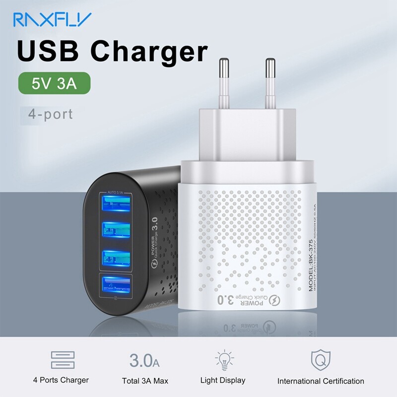 RAXFLY 3A Fast Charge 4 Port USB Mobile Phone Charger Universal Suitable Any Charger Mobile Phone Phone Charger for E Apple Xiaomi Huawei Oppovivo Realme