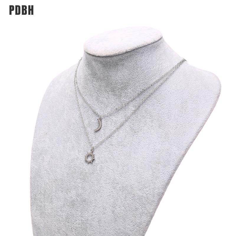 2pcs Charm Moon Sun Couple Necklace Stainless Steel Moon Sun Pendant Link Chain
