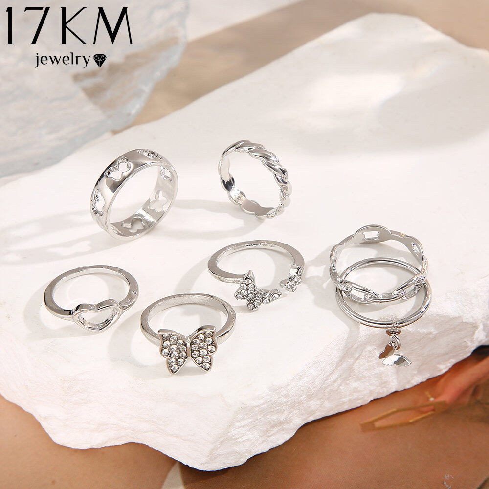 17km màu bạc Zircon Nhẫn Bướm thiết lập cho phụ nữ cô gái thời trang mới cổ điển Nhẫn có hình trái tim nữ Phụ kiện trang sức quà tặng