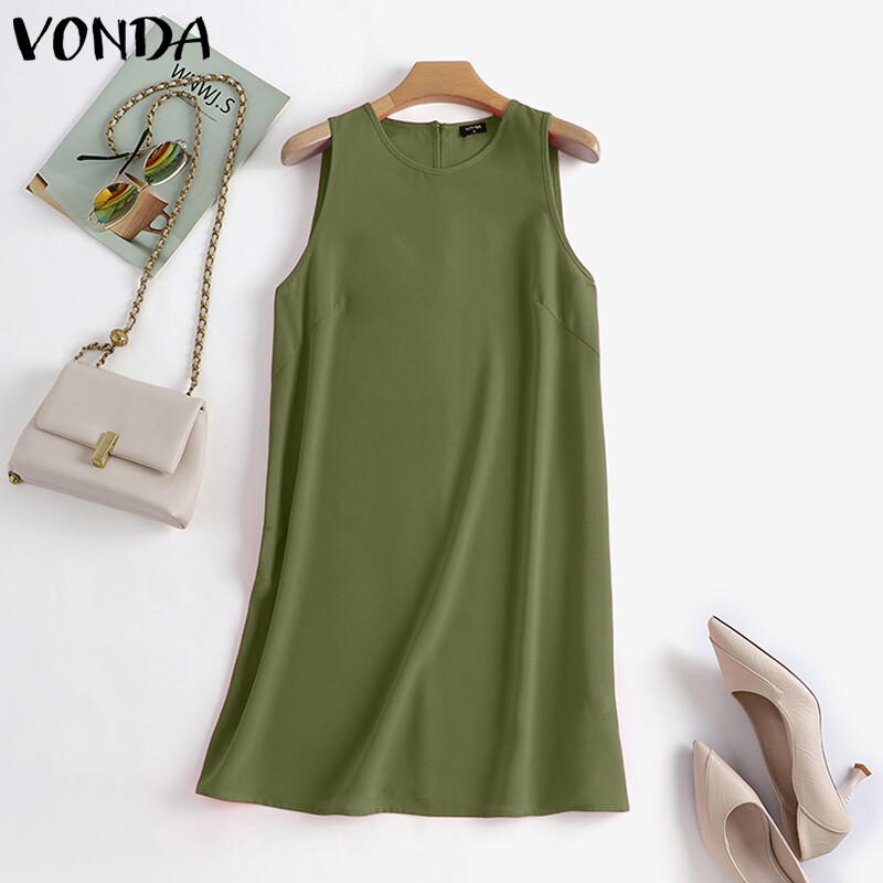 Vonda women casual crew neck sleeveless solid short dress t-shirt dress #2