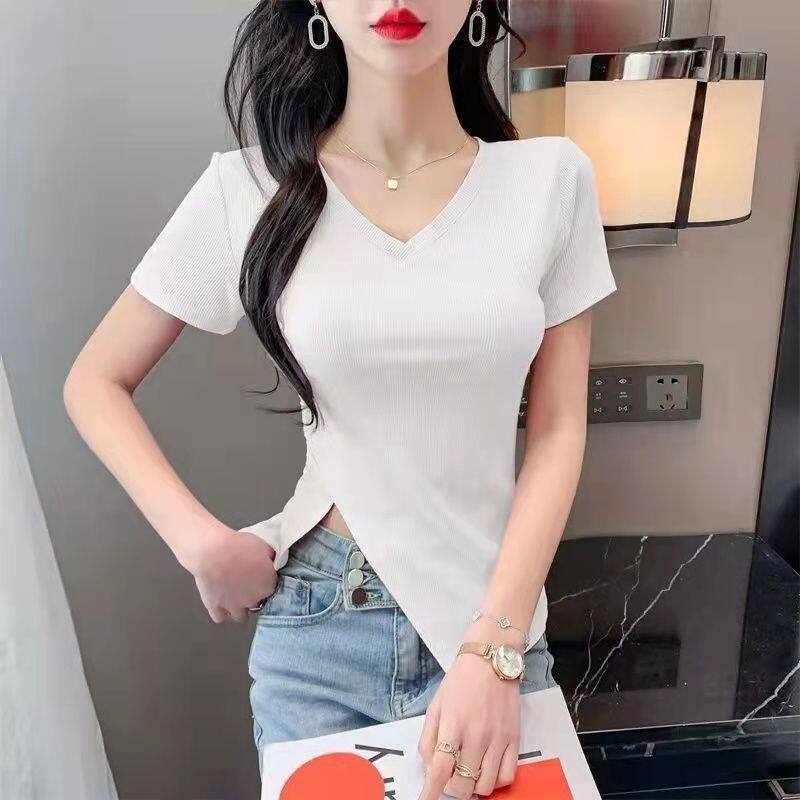Women's Top 2023 New Solid Color Irregular Top Casual Summer Short-sleeved V-neck T-shirt Versatile Korean Base Shirt