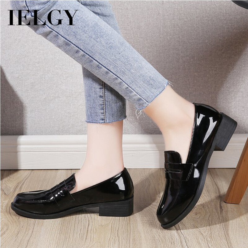 IELGY women's retro british style low heel square heel leather shoes