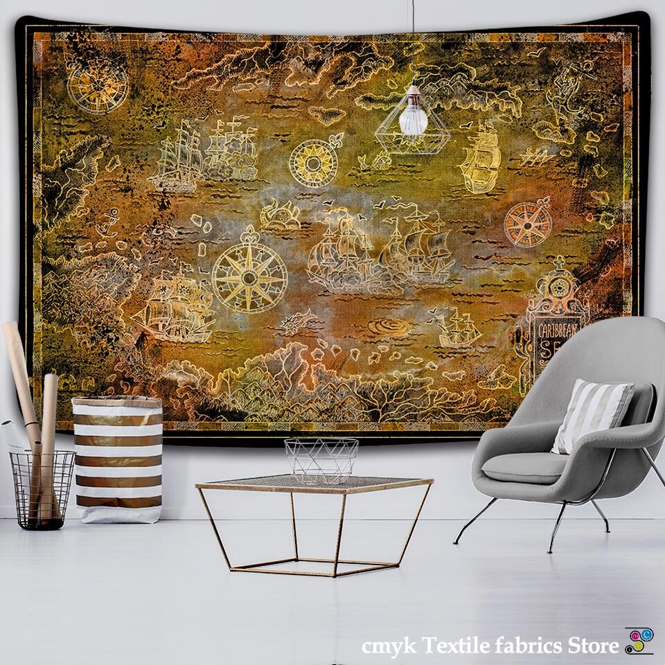 Nautical Chart Tapestry Pirate Treasure Map Hanging Decor Watercolor Map Letter Polyester Table Cover Yoga Beach towel