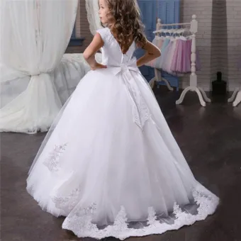 Long Floor Length Lace Tulle White Dress Kids Girl Wedding Flower