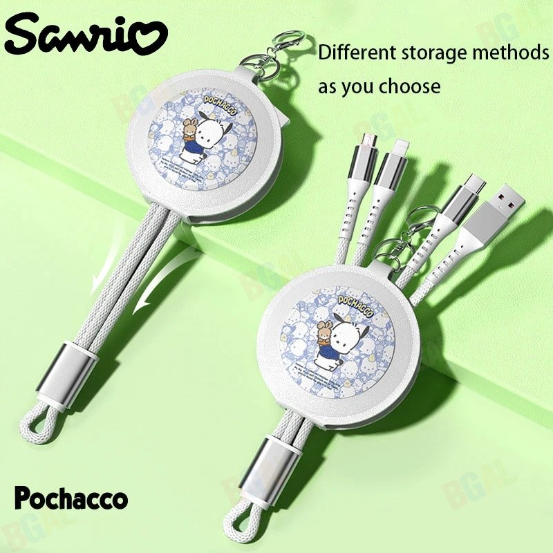 (66W)100% Authentic Sanrio Accessories 3 in 1 Charging Cable with Mirror & Keychain Kuromi USB Cable Type C Lightning Cable Retractable Micro USB Cable Fast Charging for iOS and Android Smartphone Birthday Gift Cinnamoroll AQ7