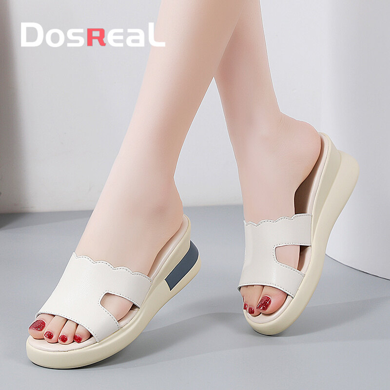 DOSREAL Korean Fashion Peep Toe Leather Wedge sandals Slipers for