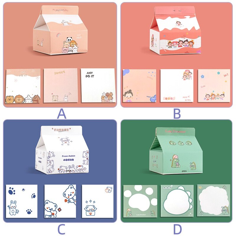 200 Sheets Cute Cartoon Milk Box Note Paper Mini Non-Sticky Message Book
