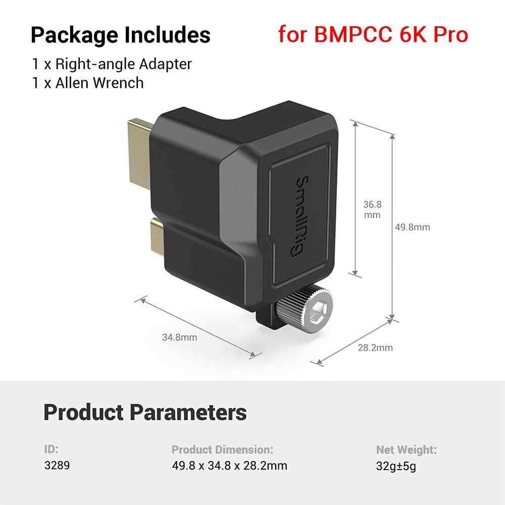 Smallrig hdmi/usb type-c right-angle adapter for blackmagic pocket cinema camera bmpcc 4k bmpcc 6k pro camera cage 2700/3289