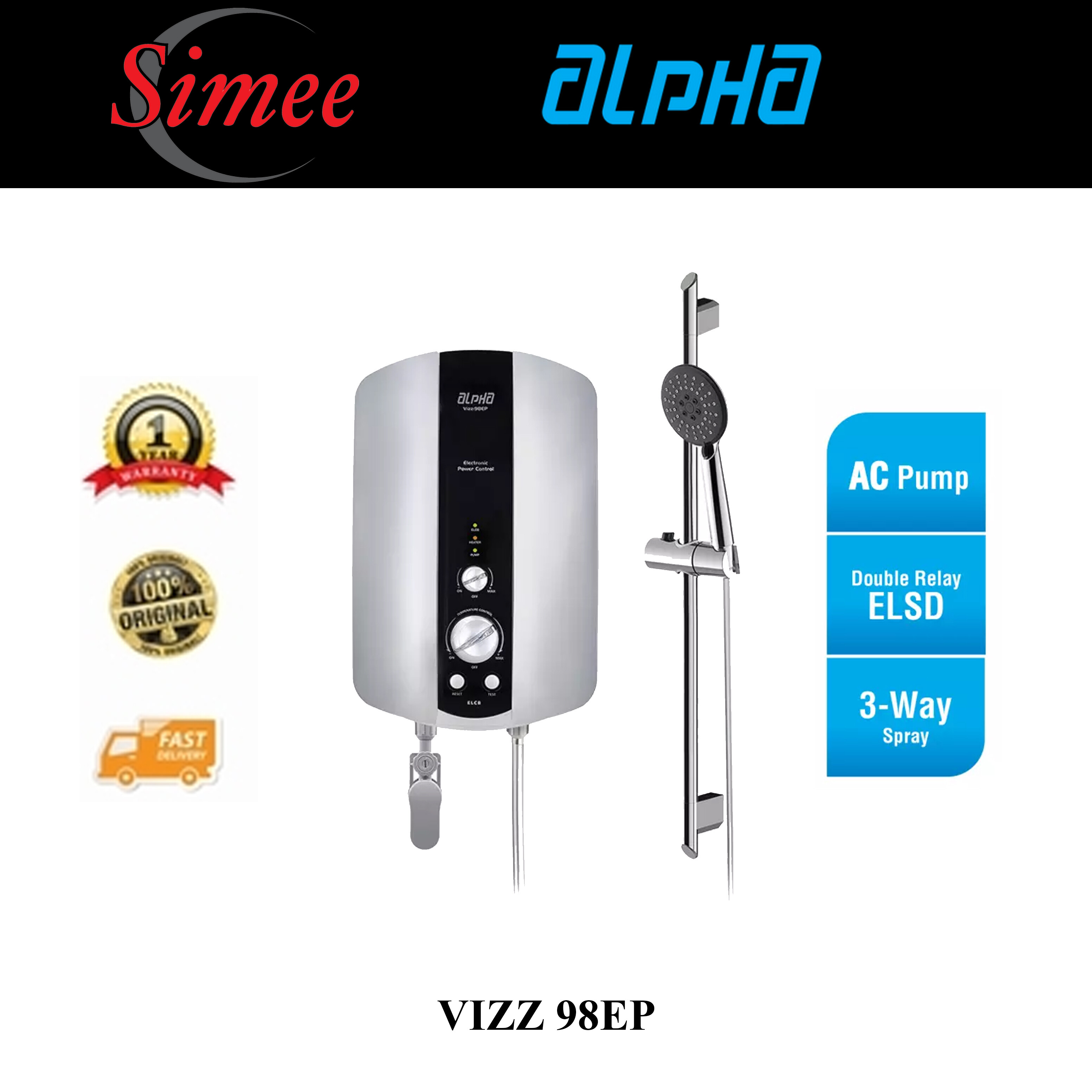Alpha Booster Pump VIZZ98EP Instant Shower Water Heater VIZZ 98EP with  Extra Safety Double Relay ELCB Silver | Lazada
