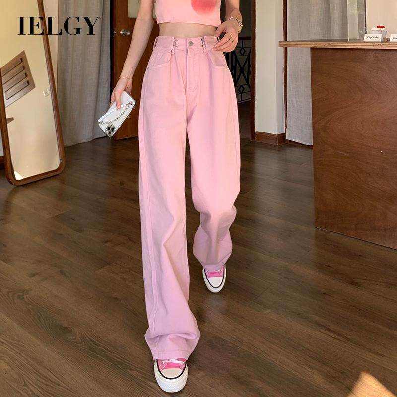 IELGY Korean version of pink thin high-rise straight-leg jeans loose and thin wide-leg pants