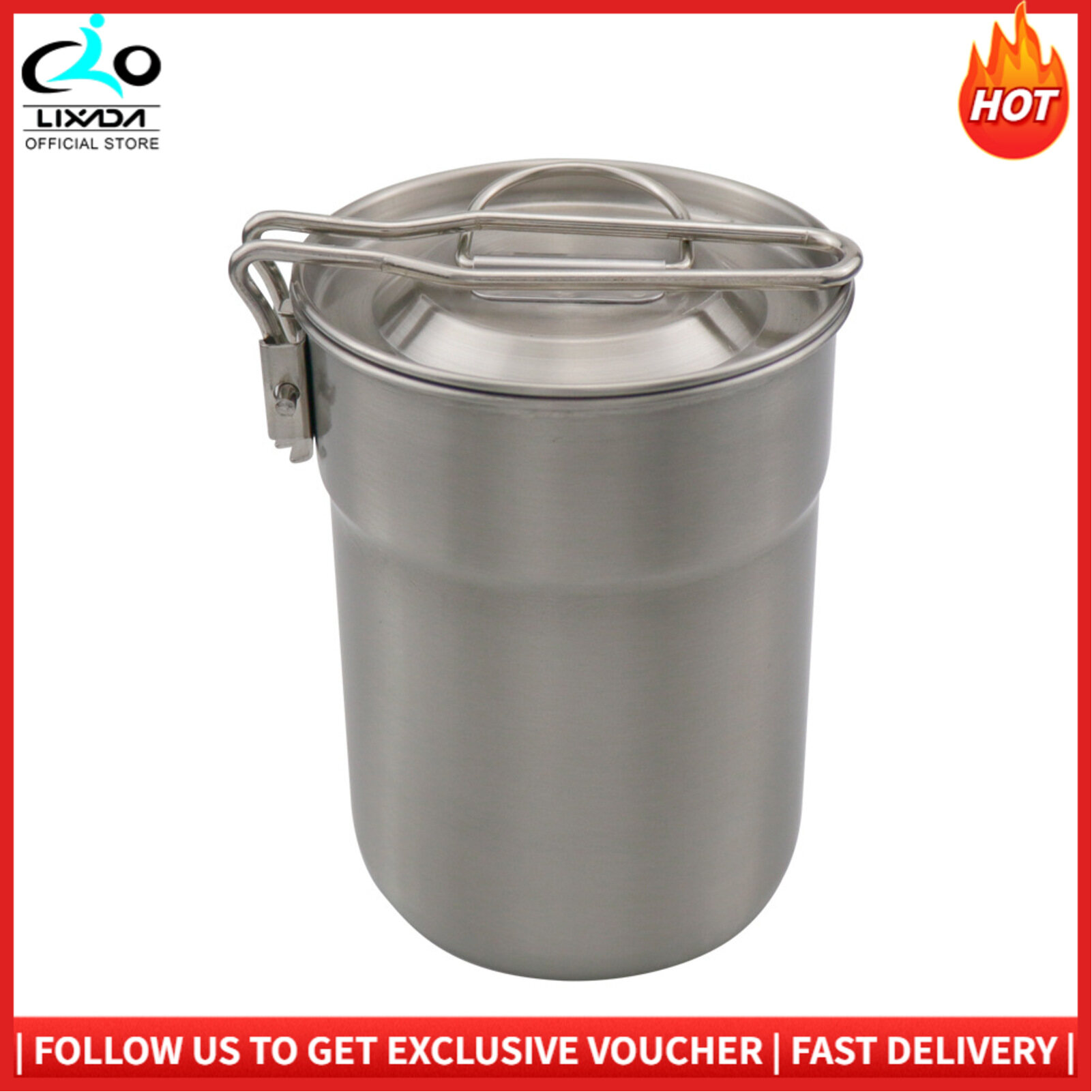 LIXADA Camping Cup Stainless Steel Coffee Mug Portable Cooking Pot 1L with Lid Folding Handle for Camping Picnic Hiking Backpacking