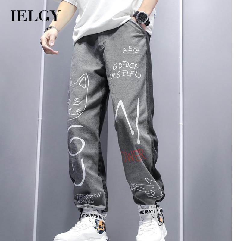 IELGY high street personality graffiti loose straight trousers student street drawstring drawstring feet fried street jeans
