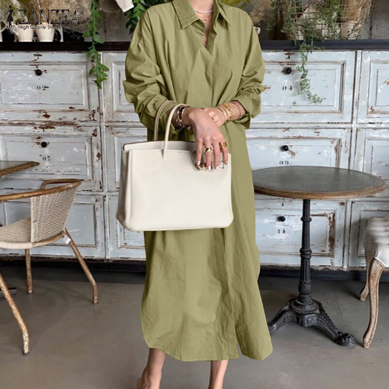 ZANZEA Womens Collared Button Down Solid Colour Kaftan Long Maxi Shirt Dress