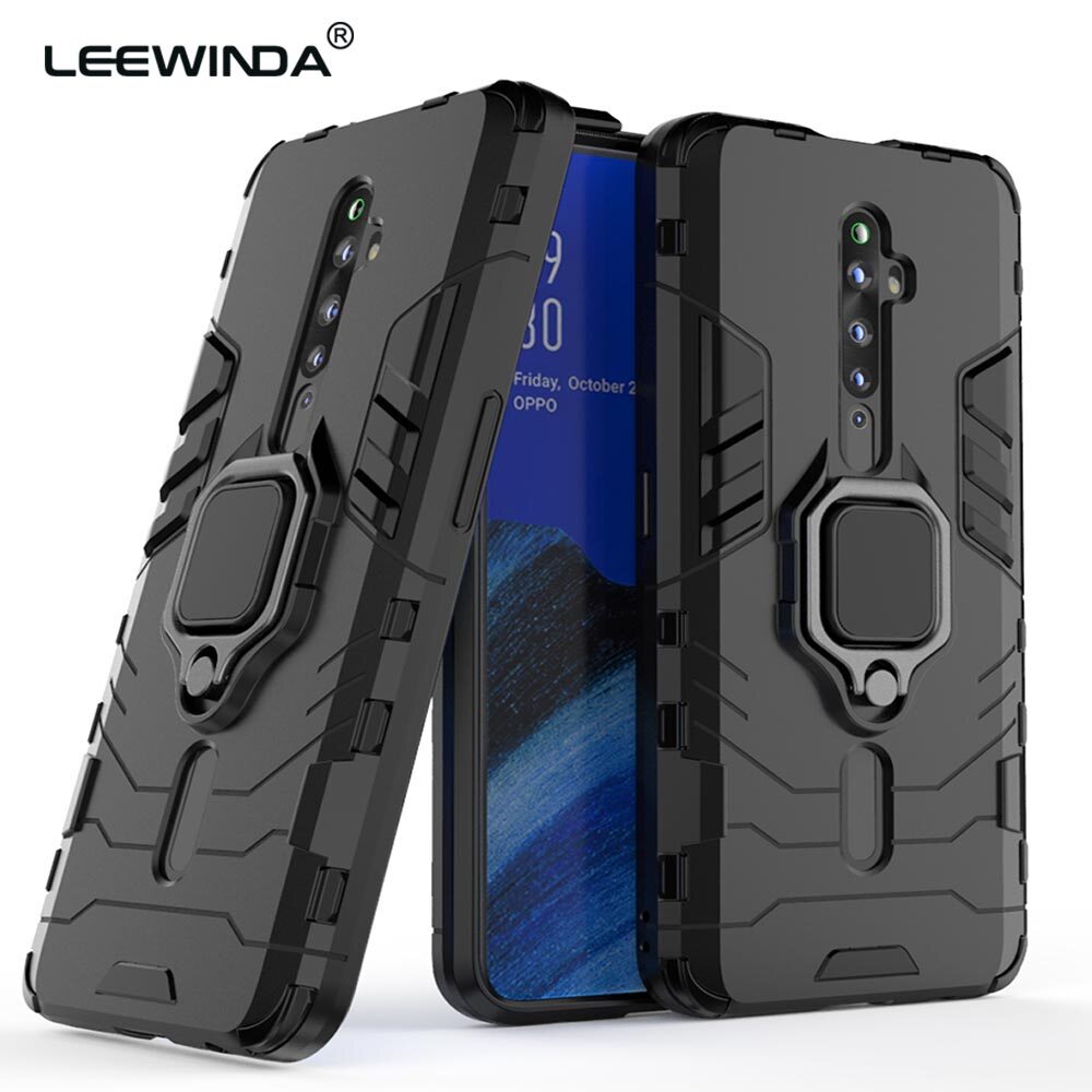 LEEWINDA For OPPO Reno 2Z Phone Case, Silicone TPU And Hard PC Luxury Armor Shockproof Metal Ring Holder Cover