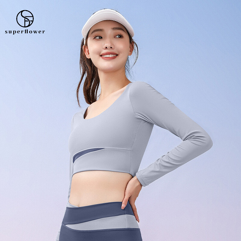 SUPERFLOWER New Women's Long Sleeve Top with Fixed Chest Pads Breathable Shirt for Running Jogging Yoga Fiess_voghion.com