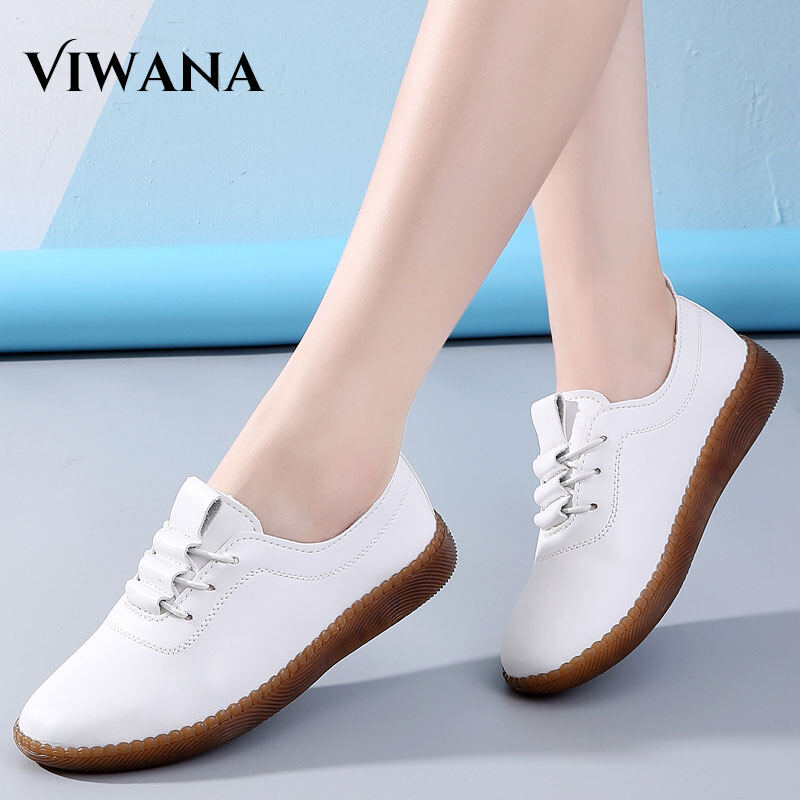 VIWANA Flat Shoes For Women Plus Size 41 Korean Style Casual White Shoes Flats Soft Sole Loafers For Women Leather Women Shoes