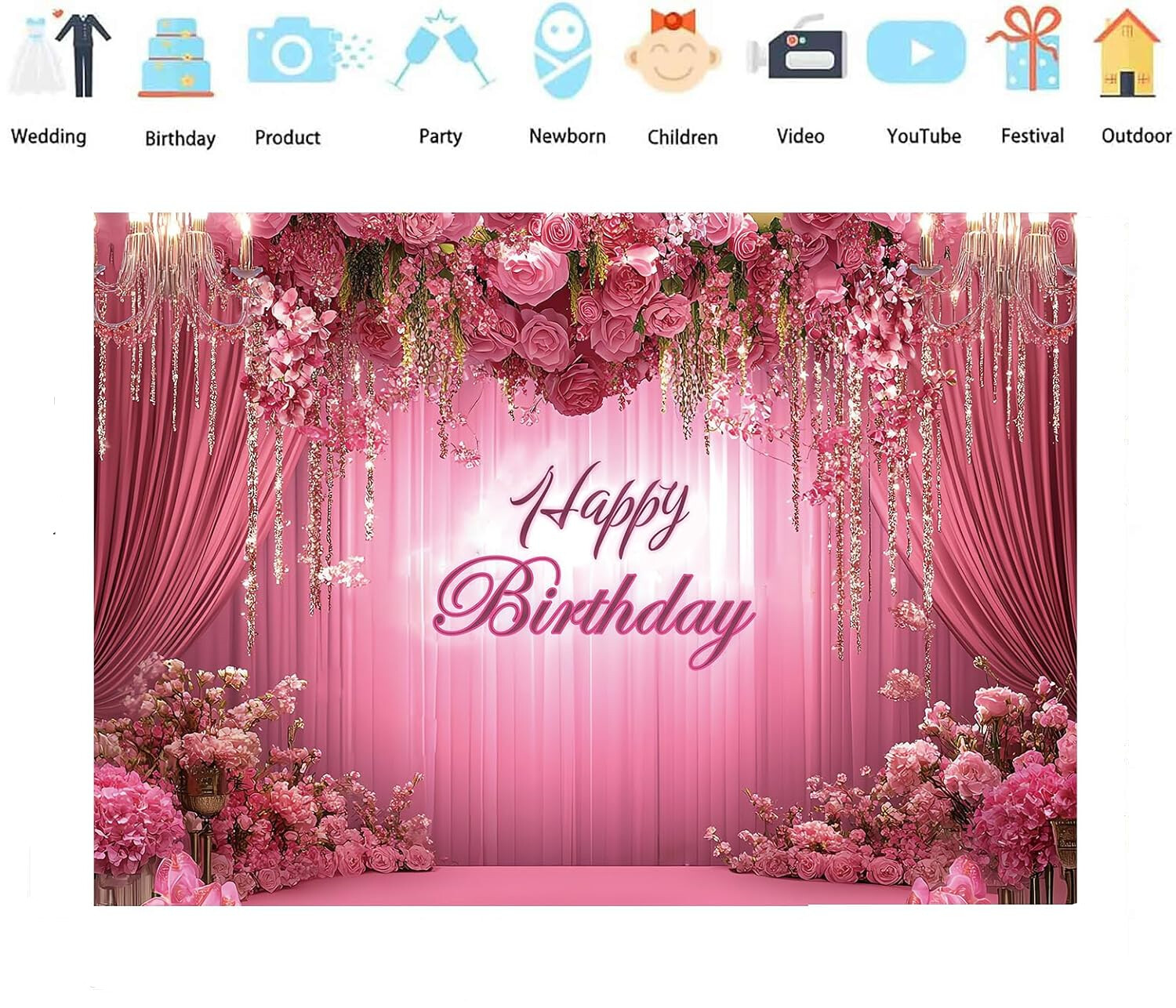 Rose Gold Happy Birthday Photography Backdrop For Girls Women Pink Floral Flower Balloons Arch Modern Elegant Background Aesthetic Party Decorations Photo Booth Props Supplies - | PH - View #2