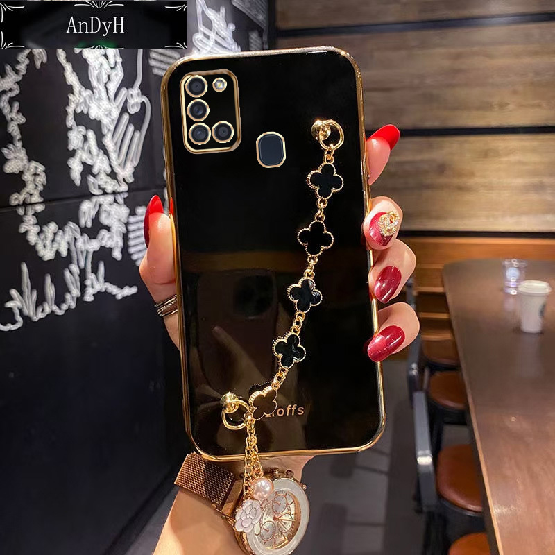 AnDyH Ốp Điện Thoại Mạ Cạnh Thẳng Cho Samsung Galaxy A21S Ốp Bảo Vệ Máy Ảnh Chính Xác Ốp Phong Cách Cô Gái Dễ Thương Với Vòng Tay Cỏ Bốn Lá