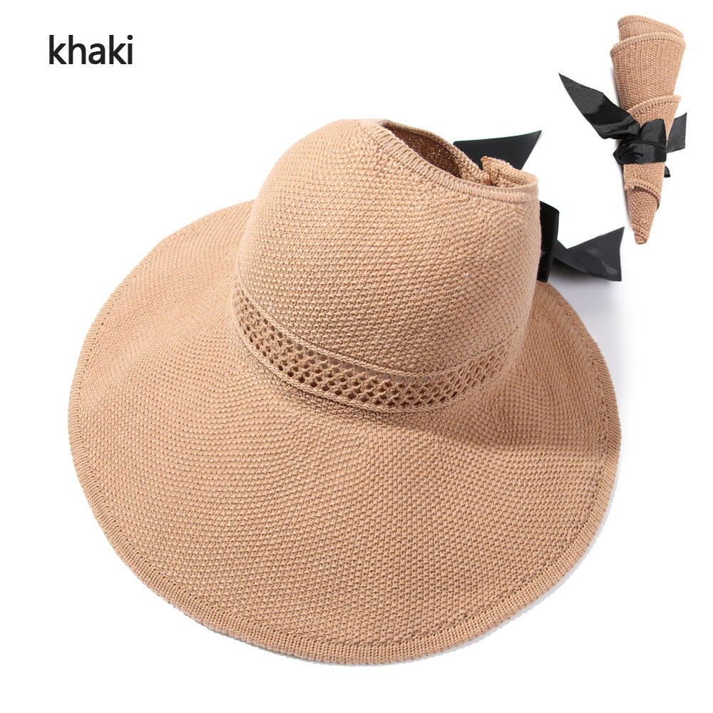 Foldable Portable Beach Hat Wide Brim Sun Hat Bowknot Summer Casual Straw Cap Visors For Women Girls