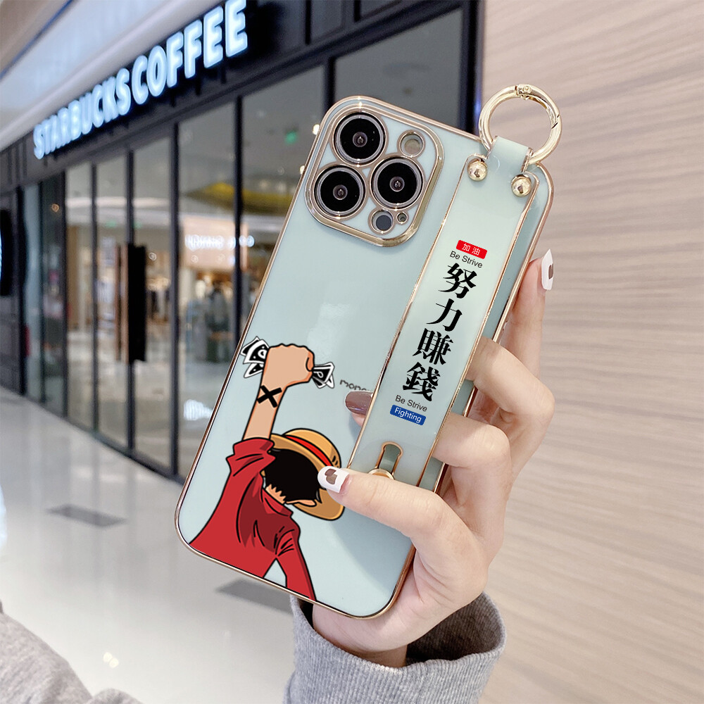 (With Wristband) Hontinga Casing Case For iphone 11 Pro Max 12 Mini 12 Pro Max 13 Mini 13 Pro Max Case Anime Luffy Luxury Chrome Plated Soft TPU Square Phone Case Full Cover Camera Protection Anti Gores Rubber Cases For Girls