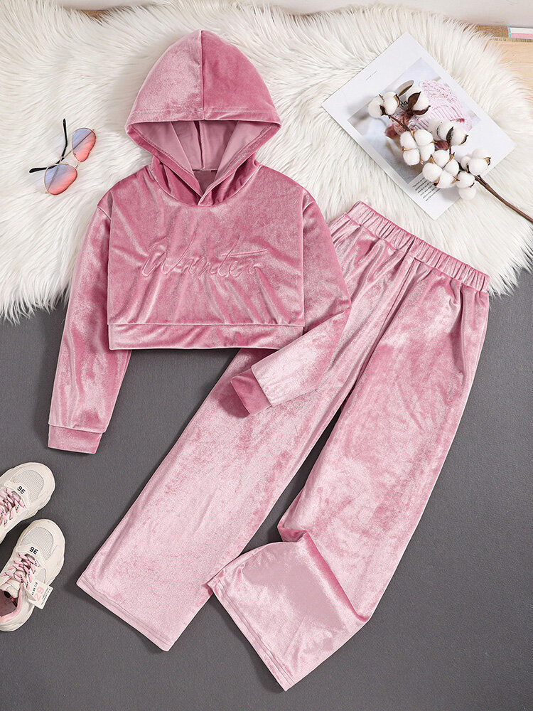 Cô Gái 8 đến 12 tuổi màu Hồng Nhung Monogram Áo nỉ họa tiết thêu và màu hồng nhung quần legging rộng pantsuit