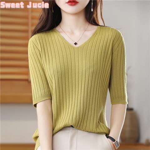 Áo Thun Nữ Sweet Juice Tay Áo 3/4 Hàn Quốc Cổ Tim Bó Sát Áo Thun Dệt Kim Ngắn Tay Cho Nữ