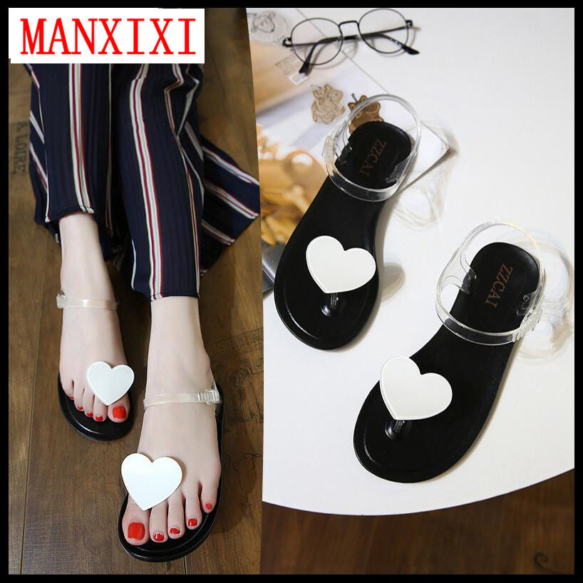 MANXIXI Roman Bohemian Style Fashion Jelly Flat Sandals Toe Clip Beautiful Love Model Inlay Shoes For Women (35-40 Size)