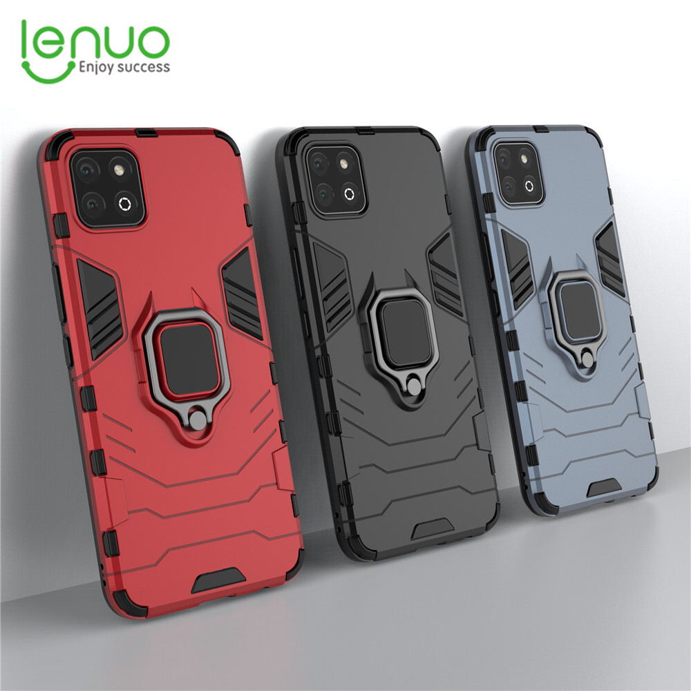 Lenuo for Huawei Honor Play Case - Silicone TPU and Hard PC Dual Layer Heavy Duty Shockproof Metal Ring Holder Cover Casing