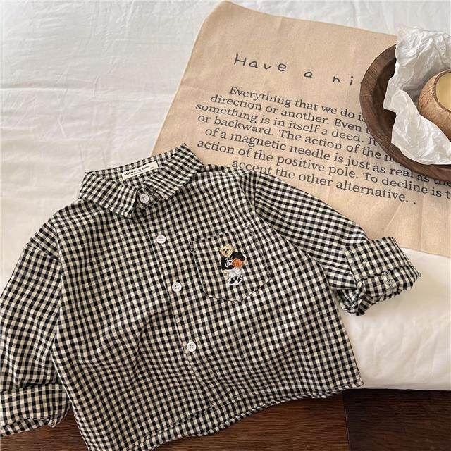 Shirt for Boys and Girls Korean Style Bear Embroidery Long Sleeve Plaid Lapel Shirt
