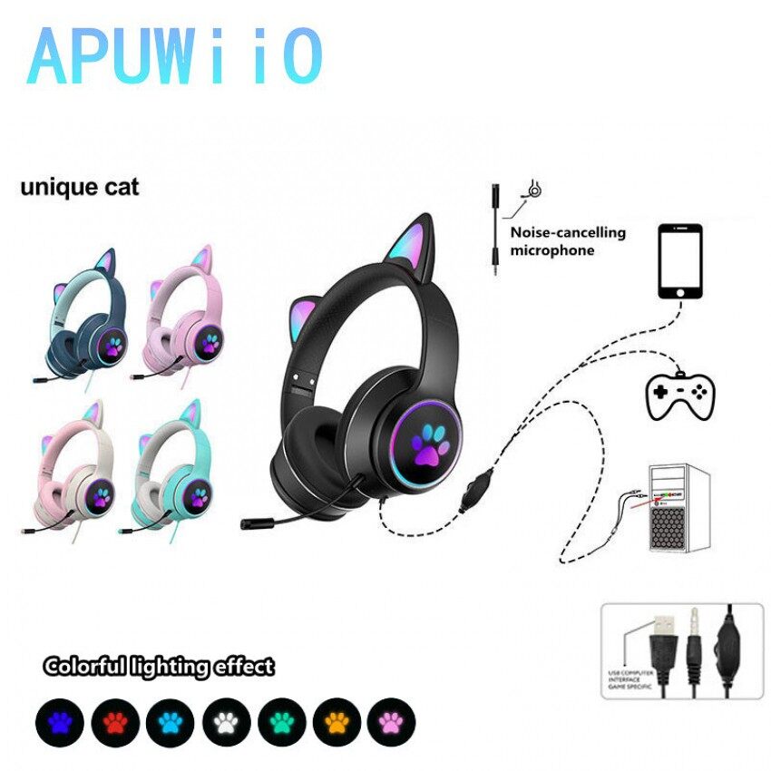 Cat Ear Kids Headphones USB + 3.5mm Wired Stereo Bass Gaming Headset