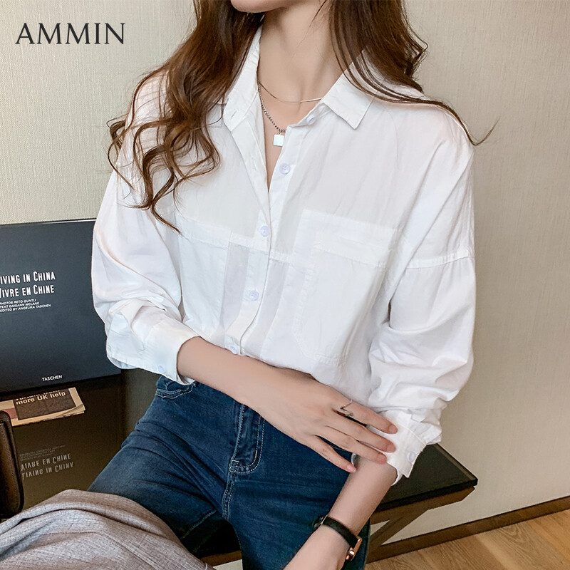 AMMIN Korean women's double pocket pure cotton long sleeve white shirt 2021 loose fashion casual Blouse