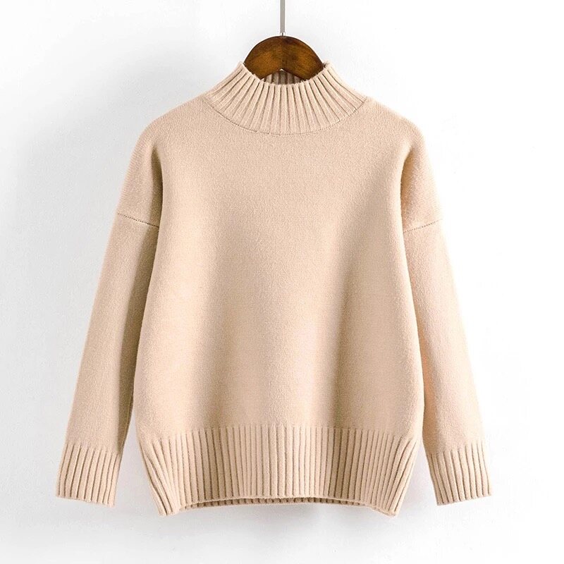 Half High Neck White Sweater Women's Pullover Loose Student Bottoming Top