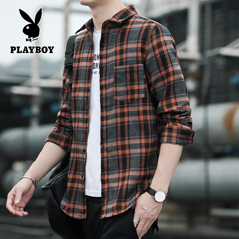 PLAYBOY New Men's Plaid Shirt Casual Shirt