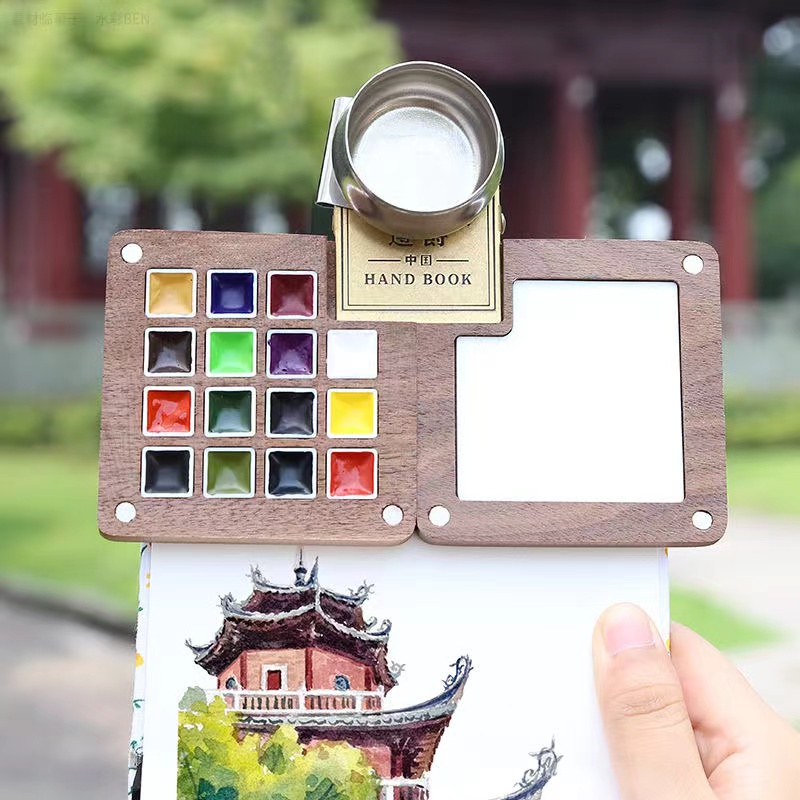 Portable Watercolor Palette with Clips Travel Watercolor Palette Walnut Wood Paint Palette Wooden Mini Paint Tray Box for Artists Outdoors Travel Sketchbook Gouache Painting Kit