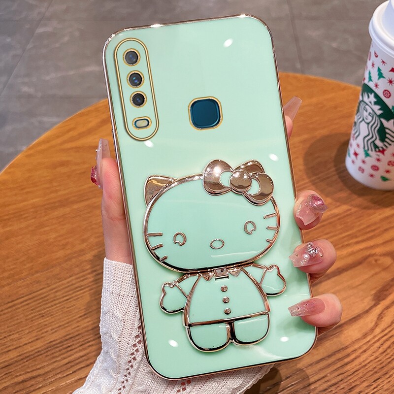 VWTEROKAI Hello Kitty 3D Cute Doll Makeup Mirror Phone Case For VIVO Y1S Y17/Y15 Y12/Y11/Y12i Y20i /Y20S /Y12S Y12A Y50 Y30i Y93 Y91C Plated Soft TPU Bracket Back Cover