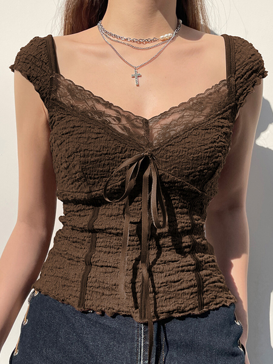 Y2K Gấp V Cổ áo hở eo Phụ Nữ trang phục ghép mảnh ren thanh lịch Mỏng Nâu Fairycore Grunge T-Shirt Lady Thời Trang Phố thời trang Hàn Quốc Trang Phục