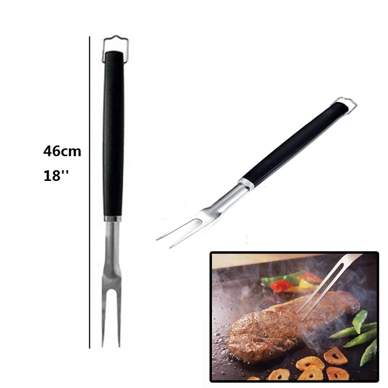 18''stainless Steel Bbq Fork Black Long Meat Forks Plastic Handle Barbecue Fish Fork Grill Bbq Accessories Cooking