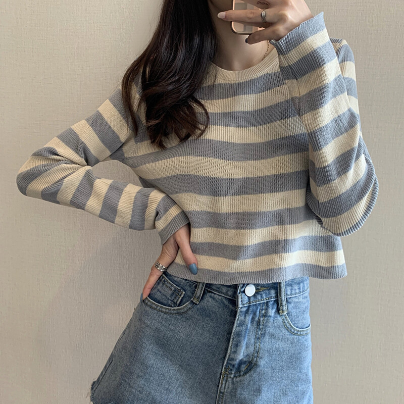 Fashion Contrast Color Striped Knitted Sweater Women Loose All-match Long Sleeved Crop Top