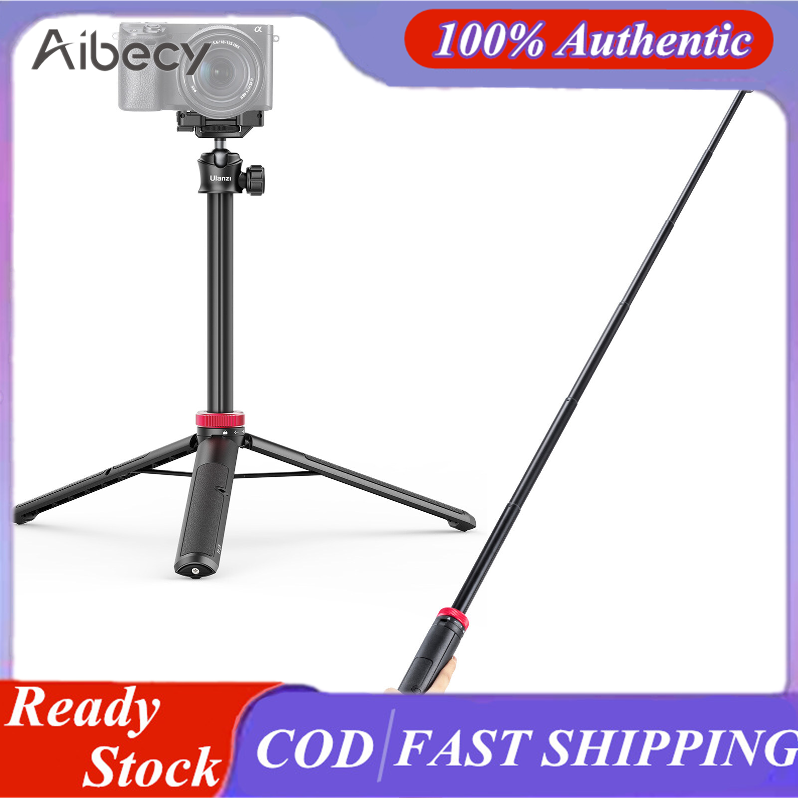Aibecy MT-44 Extendable Mini Tripod Stand Flexible Portable Selfie Stick with 360° Rotatable Ball Head Quick Release Plate Phone Clip Max. Load Bearing 1.5kg for Smartphone Camera Live Streaming Vlog Video Photography