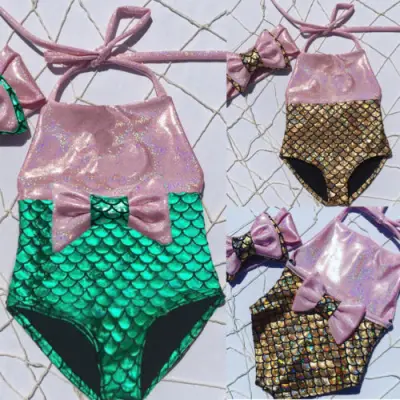 [Mmyard]Girls Kids Mermaid Fancy Bow Sequins Bathing Suit Swimmable 2pcs Bikini Set Swimwear Girls Swimsuit