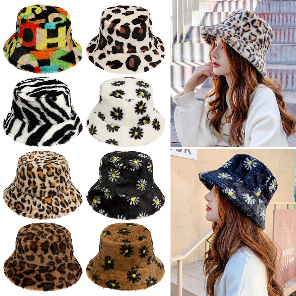 【CW】แฟชั่นสำหรับผู้หญิงฤดูหนาว Soft Warm หมวกชาวประมง Faux Fur หมวกทรงบักเก็ต Multicolor Rainbow Leopard รูปแบบกลางแจ้งหมวกลำลอง