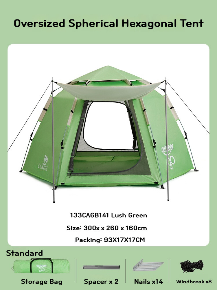 CamelCrown Outdoor Hexagonal Automatic Quick-Open Tent With Poles Picnic In The Park Silver-Coated Sunscreen Portable Camping
