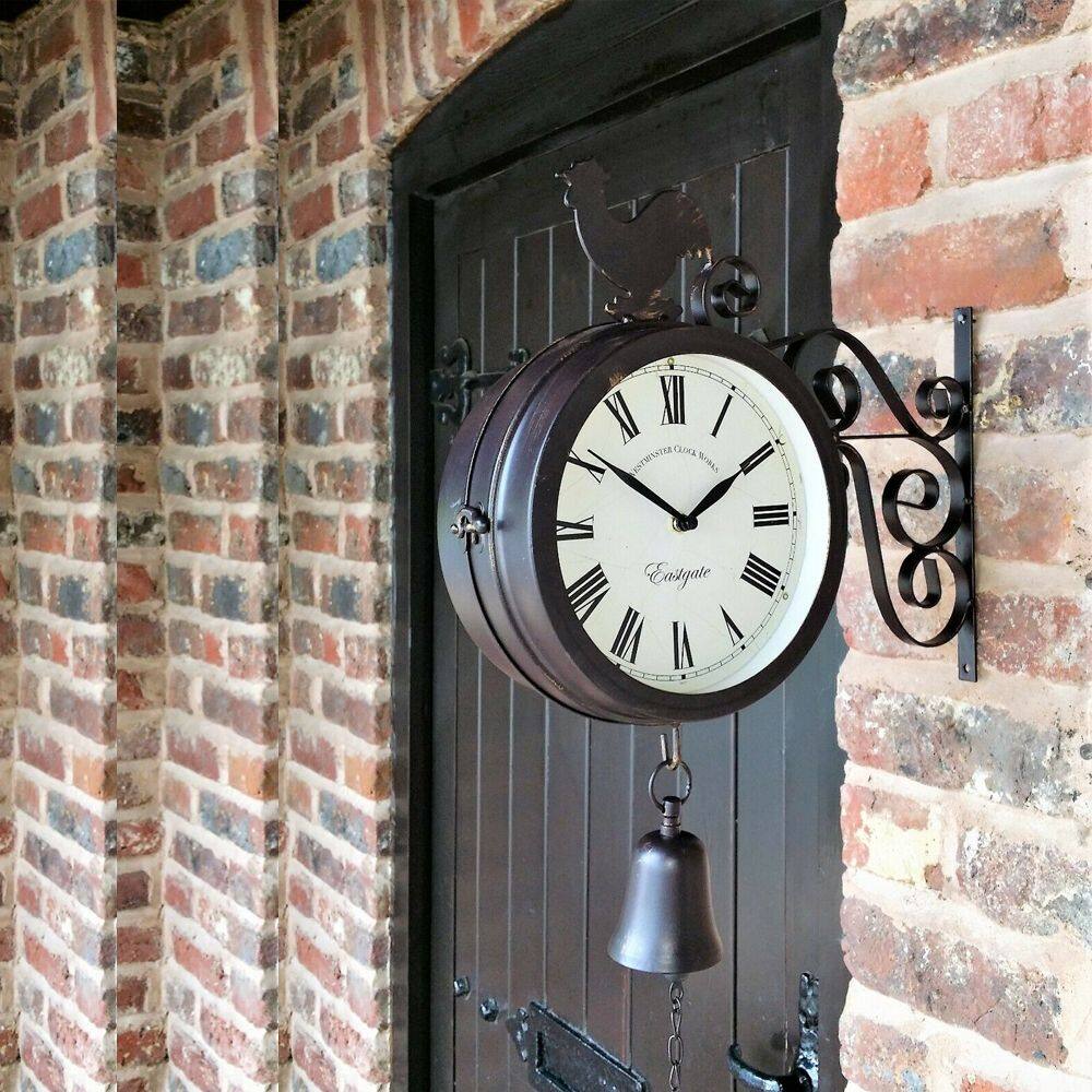 VHGG Garden Home Decor Cockerel Pattern Rust Copper Effect Vintage Wall Station Clock Double sided Bracket Double Sided Wall Clock Metal Clock