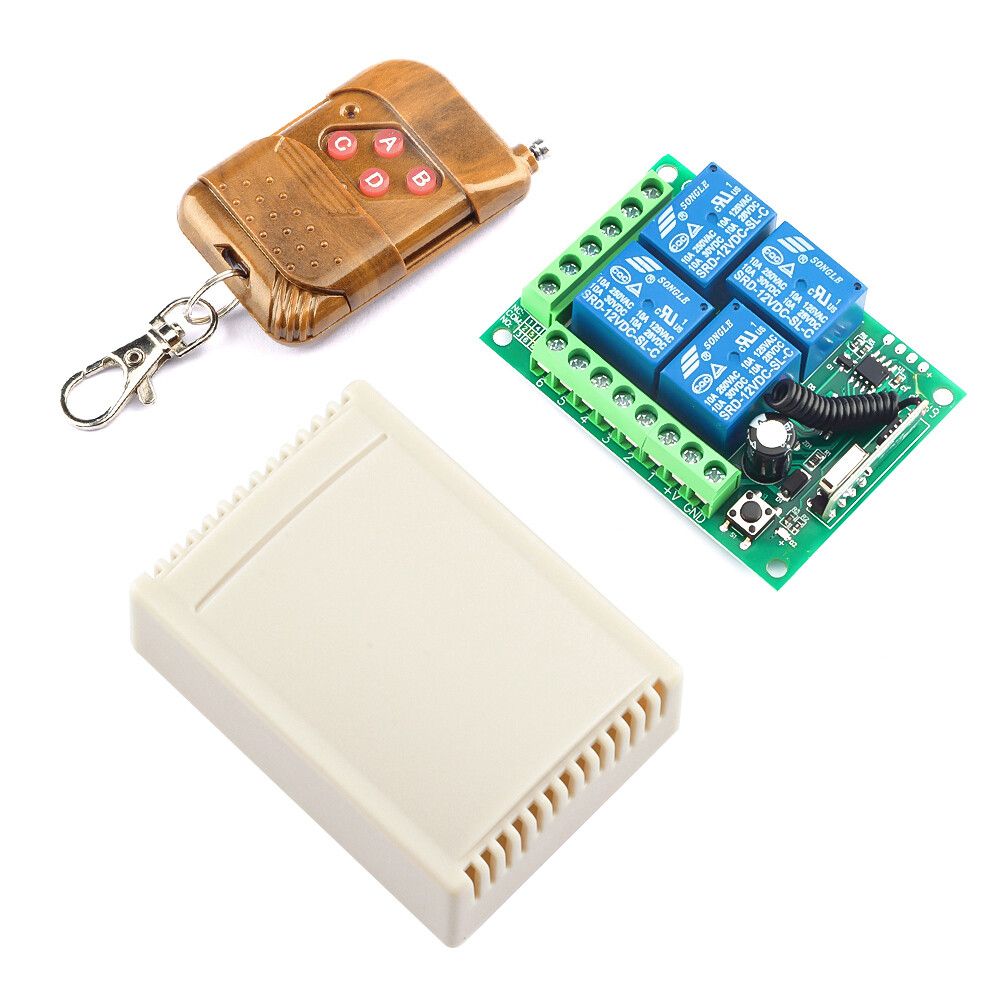 DC12V 433MHz peach wood 4-key ABCD remote control switch learning type DC four-way intelligent wireless control module relay receiver built-in battery