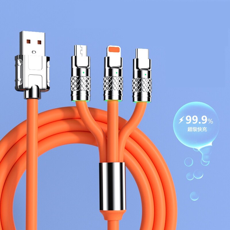 6a 120w data cable zinc alloy 3 in 1 super fast charger type c led mobile phone charging data wire cord cable micro usb cable for android