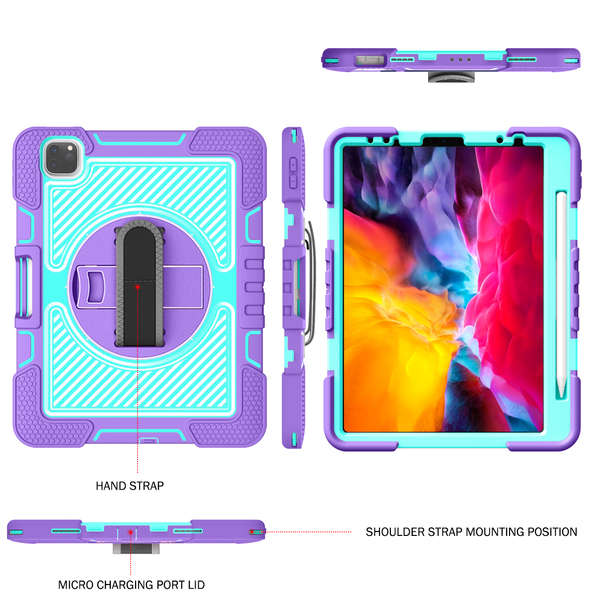 Vỏ Ốp ipad chịu lực cao Gồ Ghề Đầy Đủ Cơ Thể Chống Sốc Vỏ Ốp bảo vệ Với 360 chân đế quay/Tay Cầm Tay/Dây Đeo Vai Cho iPad Pro 11 2025 24 22 21 20 18/iPad Không Khí 11 2026 25 24/Không Khí 5 4/iPad thế hệ thứ 10 thứ 9 thứ 8 thứ 6 thứ 5 gen/Mini 7 6